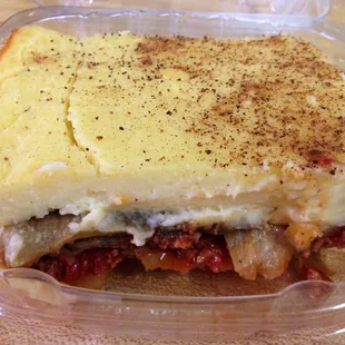 Homemade Moussaka- layered meat sauce, eggplant and potatoes topped with a creamy béchamel sauce