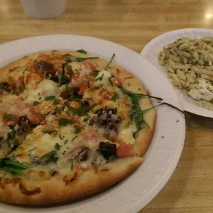 Mediterranean pizza and orzo salad