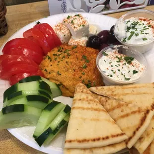 Hummus platter. Fyi you have to order tzatziki separately. Be sure you do bc it&apos;s bangin!!