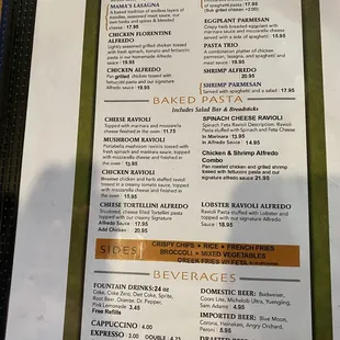 Pastas and Drinks Menu