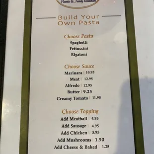 Create your own pasta menu