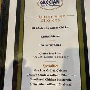 Gluten Free Menu