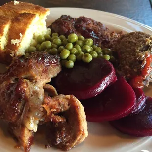 Sunday Buffet. BBQ ribs, meatloaf, peas, beets, and cornbread