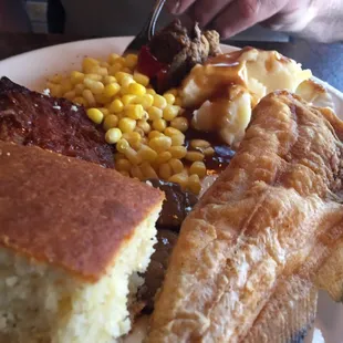 Sunday Buffet: Fried catfish, BBQ ribs, cornbread, corn, mashed potatoes &amp; gravy.