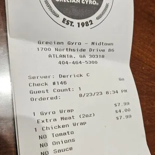 Receipt for food