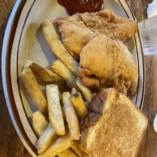 Child's chicken strips with French fries and Texas toast.