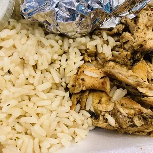 chicken, rice, and sauce