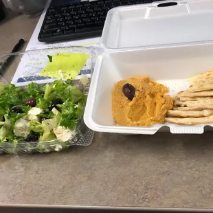Greek salad and hummus.