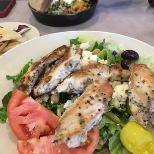 Greek Salad with Chicken &amp; scramble with wheat toast.