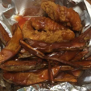 3 piece chicken tender drenched with the best barbecue sauce!