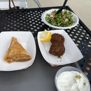Tabouli salad, falafel and baklava.