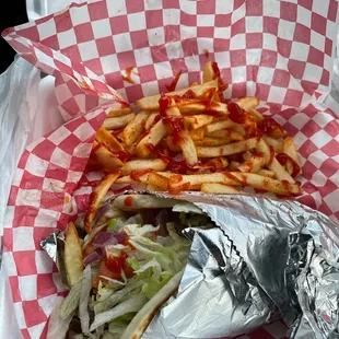 Gyro Sandwich and Side of French Fries