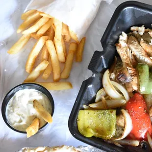 chicken, vegetables and fries