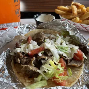 Mini Gyro sauce on side fries and crush