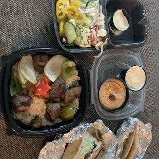 Beef Kabobs, side Greek Salad, &quot;small&quot; Falafel, and Hommous