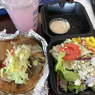 Combo number 3: mini gyro, Greek salad, and a drink.