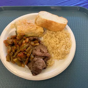 Tri tip, green beans, spanakopita, rice pilaf and the best bread...