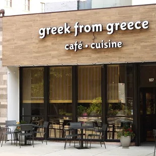 The front of the Greek from Greece cafe and sidewalk seating.