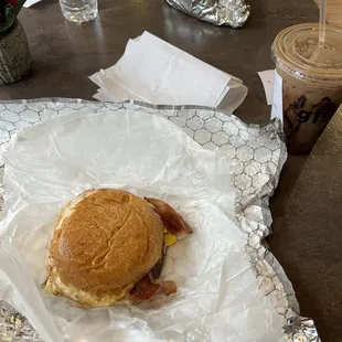 Egg and Cheese Brioche with Bacon, Iced Mocha