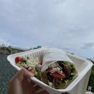 a hand holding a sandwich in a styrofoam container