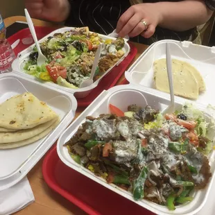 Chicken schwarma on left, gyro schwarma on right.