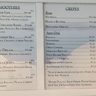 Crepes menu