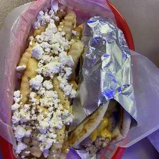 Chicken Philly pita and Greek fries