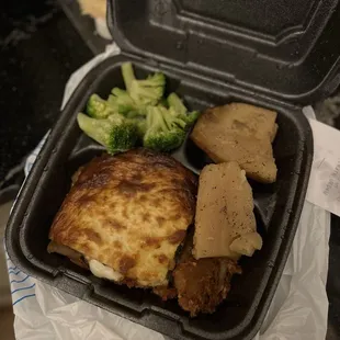 VEG MOUSSAKA with GREEK POTATOES and broccoli sides