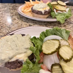 Greek Jalepeno Burger on Gluten free buns with gluten free fries