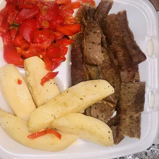 Lamb Gyro Platter w side roasted potatoes and roasted peppers-