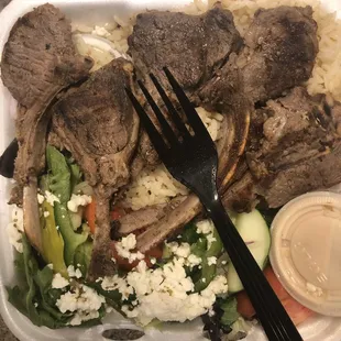 Lamb chop platter.  Fork is there for reference.  They were yummy, but paper thin.  All for $28.  What ya'll think of the price?