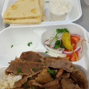 Gyro plate to-go.  Rice was way over cooked.