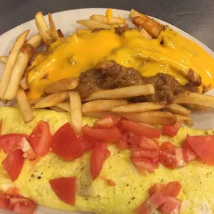 Mexican omelette with chili cheese fries