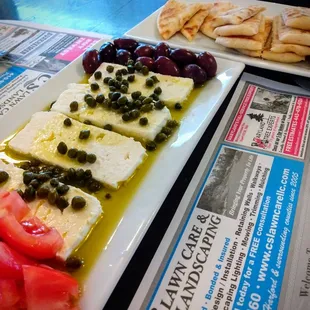 Feta plate--plump capers; kalamatas with a zing