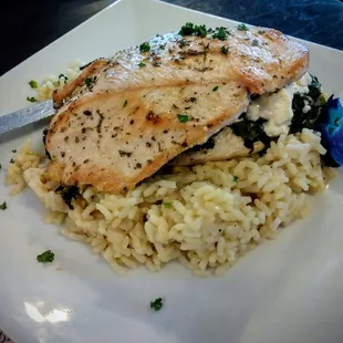 Spinach+feta chicken--chicken breast top &amp; bottom; superb flavor; big helping