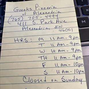 Hand written hours by the owner.
