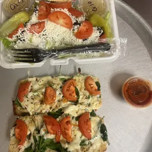 Greek Salad and Spinach Bruchetta Bread