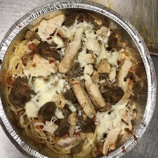 Pasta dinner with chicken. Baked in oven.  Fabulous