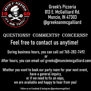 Contact Information for Greek's Pizzeria on McGalliard.