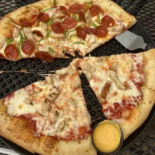 1/2 Wings * 1/2 Pepperoni, green pepper, onion     * with a side of cheese for the crust