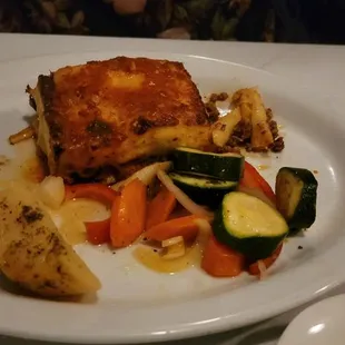 Pasteetso, Greek lasagna. My mom really enjoyed it. Comes with a cup of soup and a side salad along with these veggies on the side.