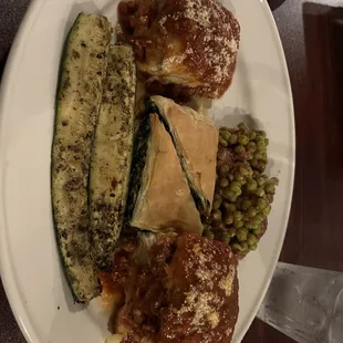 Sampling Greektown Mix &amp; Match:  Spanakopita, Moussaka, Pastitsio, Zucchini &amp; Peas