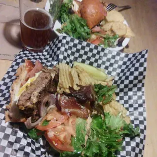big meal for 2 : Jorgo Burger.  Brgr veggies, + egg ham bacon, Dble beef; Chips. $2 upgrade to add a nice salad. (It comes looking stacked)