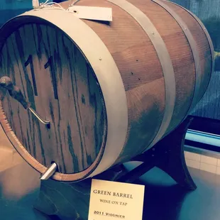 a wooden barrel on display