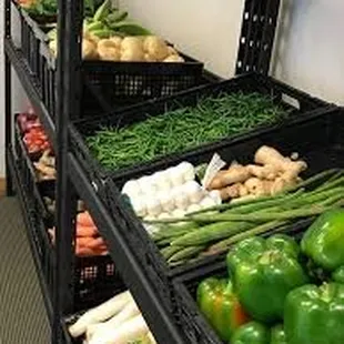 vegetables on shelves