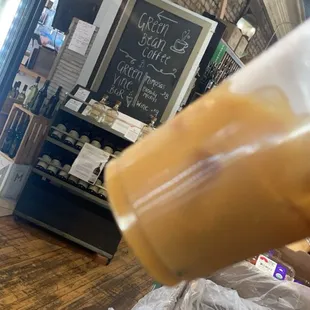 Almond milk latte with caramel syrup