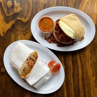 Vegan Breakfast Burrito 6/10, Vegan Arepa 6/10.