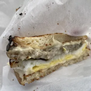 Sausage, egg and pepper Jack breakfast sandwich on toasted bread