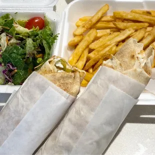 Two Chicken Shawarma Sandwich, fries and salad. Excellent!