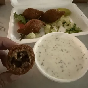 Fried Kibbee and mint yogurt